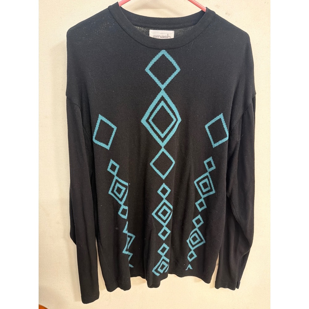 Smash Mens Black Turquoise Geometric Diamond Knit Sweater Crew Neck Size M
